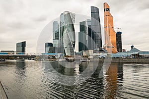 Modern skyscrapers of the Moscow International Business Centre MIBC on the Moscow river embankment. Russia.